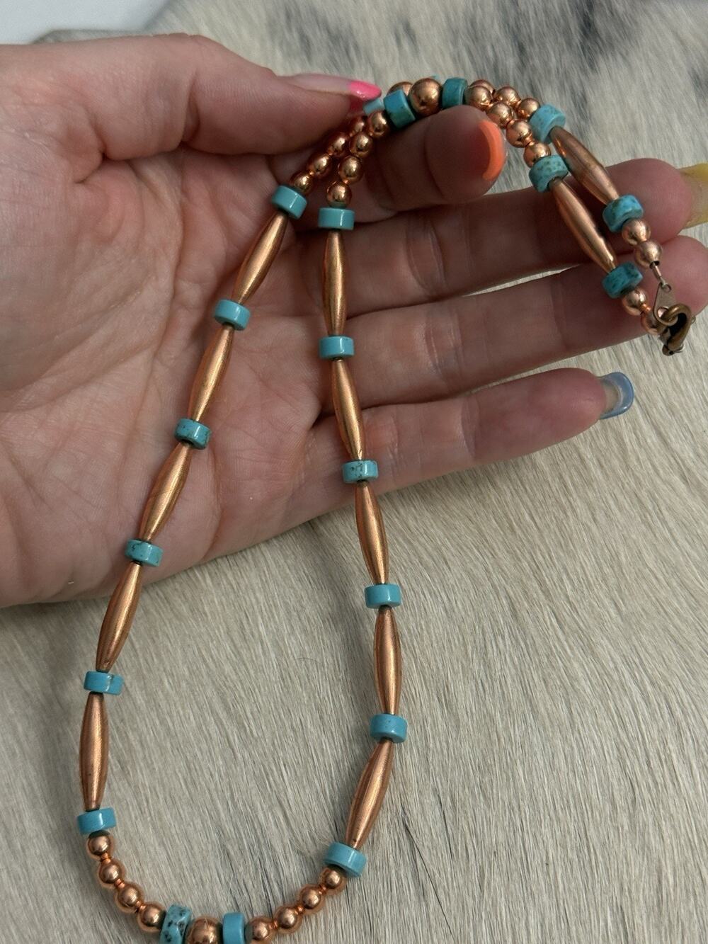 Copper Navajo Pearl & Melon Beads & Blue Turquoise 6mm Heishi Necklace 18”